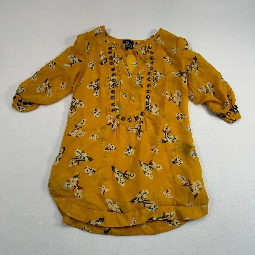 Angie Floral Studded Sheer Blouse Womens Size Small V Neck 3/4 Sleeve Yellow